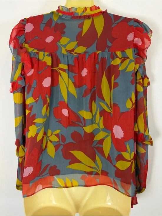 Karlie Evan Blue Ruffle Top with Red and Yellow Floral Print - Picture 4 of 9